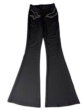 Black Flared Pants With Rhinestone Wave Detailing & Elastic Waistband XS